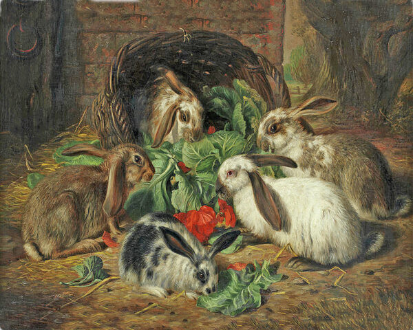 Farm/Pastoral Farm Rabbits Meal Framed Oil Painting Print on Canvas