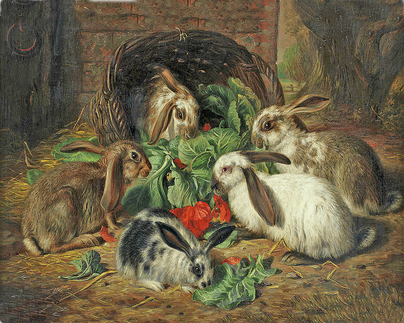 Farm/Pastoral Farm Rabbits Meal Framed Oil Painting Print on Canvas