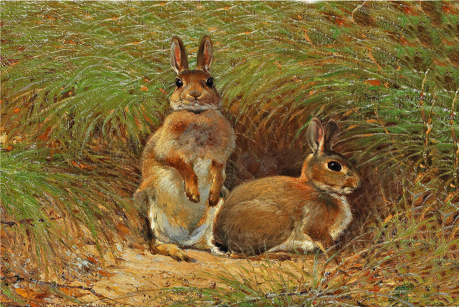 Farm/Pastoral Farm Rabbits Under Cover Framed Oil Painting Print on Canvas