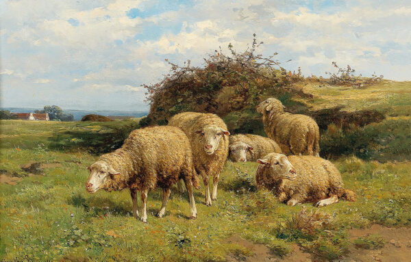 Farm/Pastoral Farm Sheep in Country Field Framed Oil Painting Print on Canvas