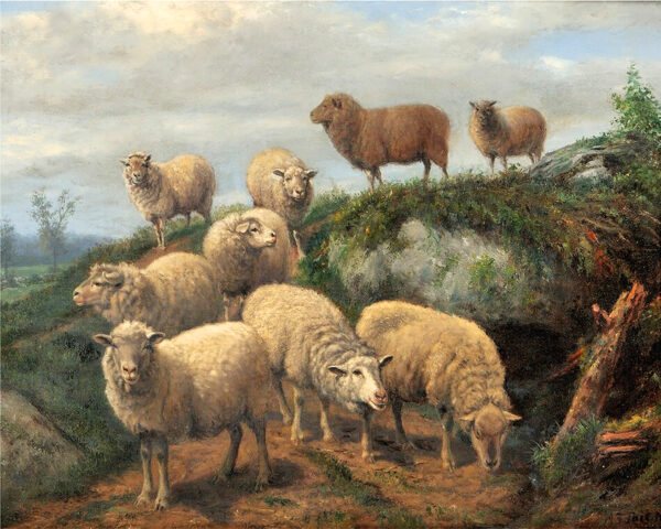 Farm/Pastoral Animals Flock of Sheep on Path Framed Oil Painting Print on Canvas