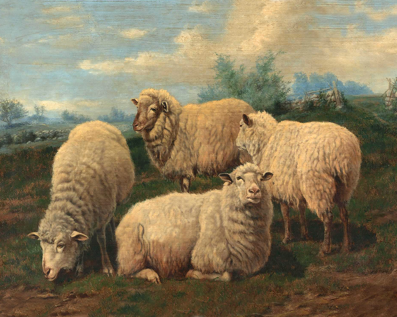 Farm/Pastoral Farm Flock of Sheep Gathered Oil Painting R ...