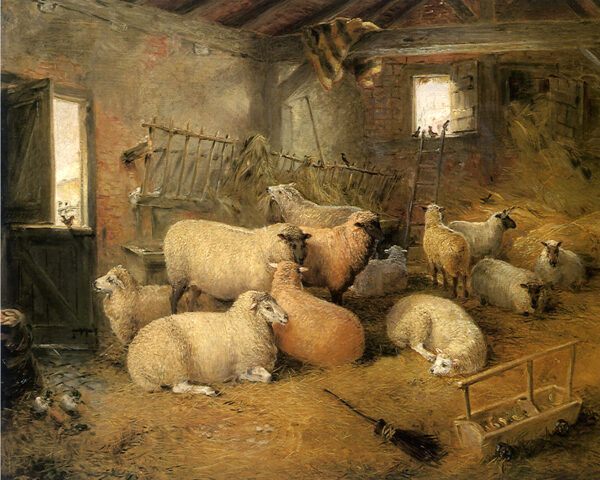 Farm/Pastoral Farm Sheep in the Barn Framed Oil Painting Print on Canvas