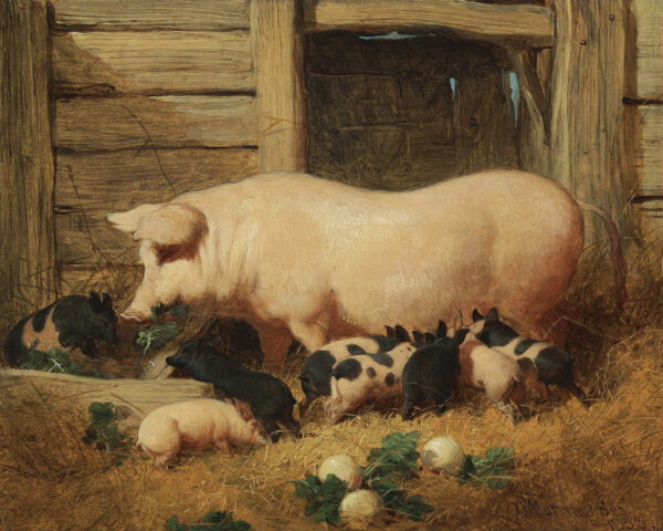 Farm/Pastoral Animals Sow with Piglets Framed Oil Painting Print on Canvas