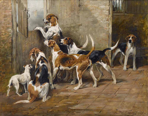 Cabin/Lodge Dogs Waiting for the Hunt by John Emms Framed Oil Painting Print on Canvas