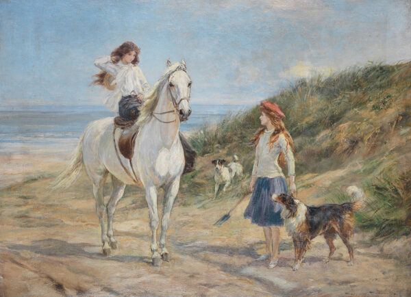 Equestrian/Fox Dogs Holiday Time Heywood Hardy Girls on the Beach with Horse and Dog Framed Oil Painting Print on Canvas