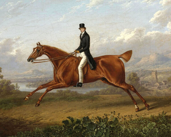 Equestrian/Fox Equestrian Gentleman on a Galloping Chestnut Horse Framed Oil Painting Print on Canvas