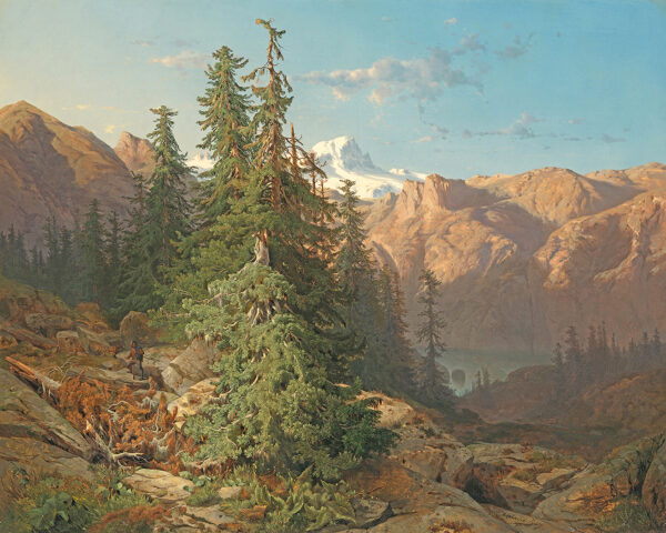 Cabin/Lodge Landscape Mountain Landscape with Pines Oil Painting Print Reproduction on Canvas