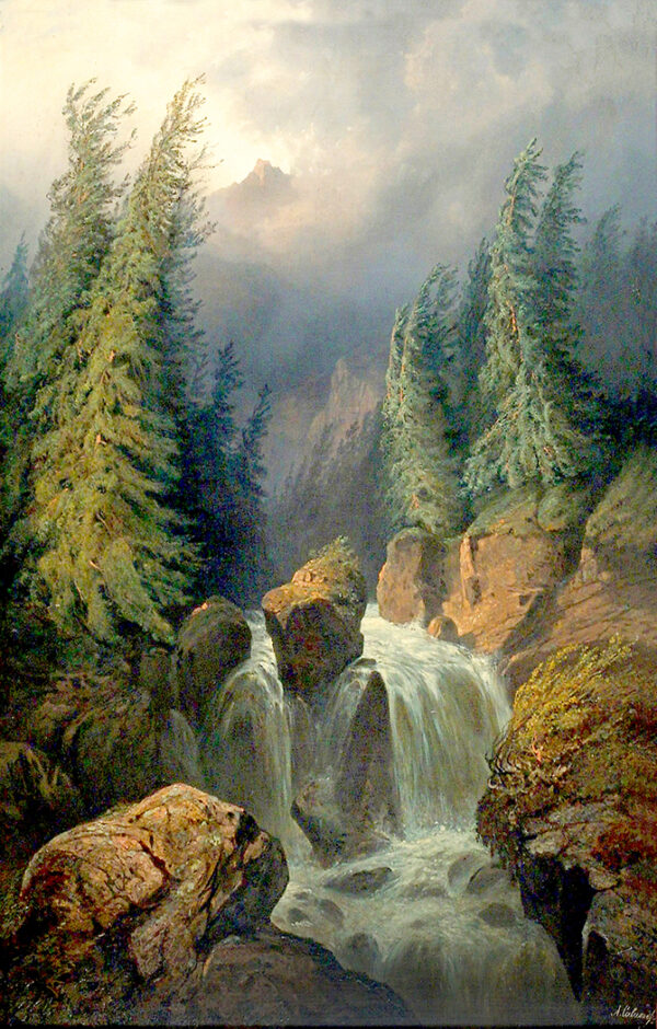 Cabin/Lodge Lodge Mountain Waterfall Landscape Oil Painting Print Reproduction on Canvas