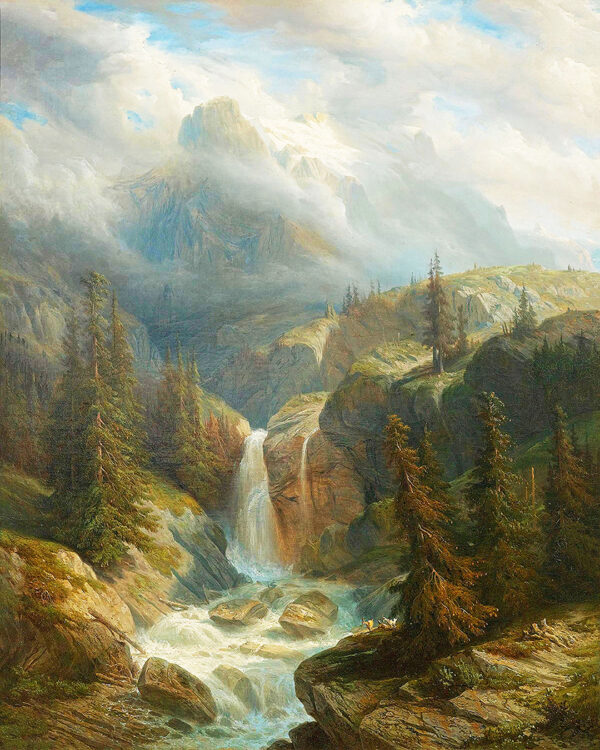 Cabin/Lodge Lodge Waterfall Landscape Oil Painting Print Reproduction on Canvas
