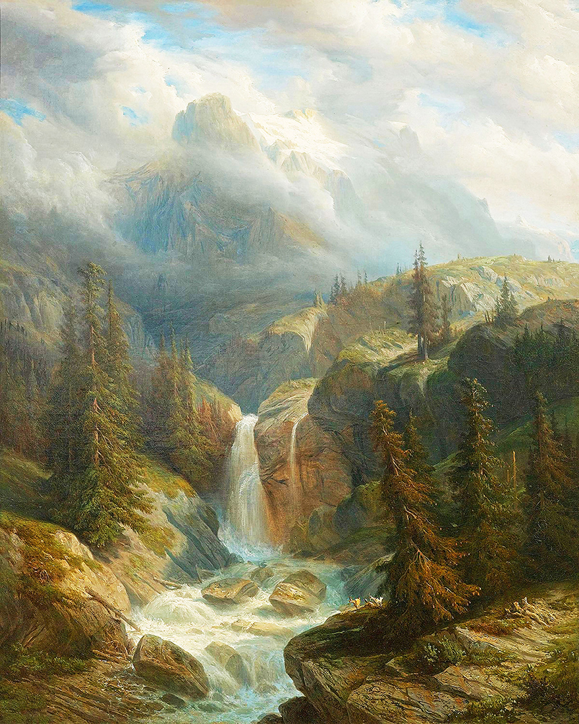 Cabin/Lodge Lodge Waterfall Landscape Oil Painting Print ...