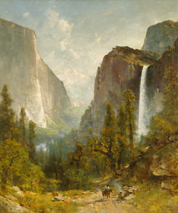Cabin/Lodge Landscape Bridal Veil Falls Yosemite by Thomas Hill Framed Oil Painting Print on Canvas