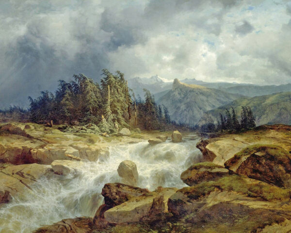 Cabin/Lodge Landscape Mountain Landscape with Rushing Stream Oil Painting Print Reproduction on Canvas