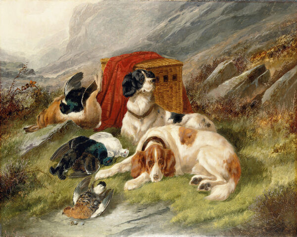 Cabin/Lodge Dogs Guarding the Day’s Bag Hunting Dogs Framed Oil Painting Print on Canvas