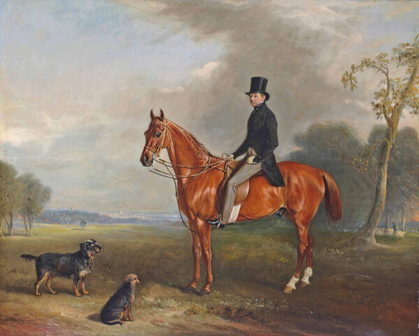 Equestrian/Fox Dogs Sir Montague Welby on a Chestnut Hunter with Terrier Framed Oil Painting Print on Canvas