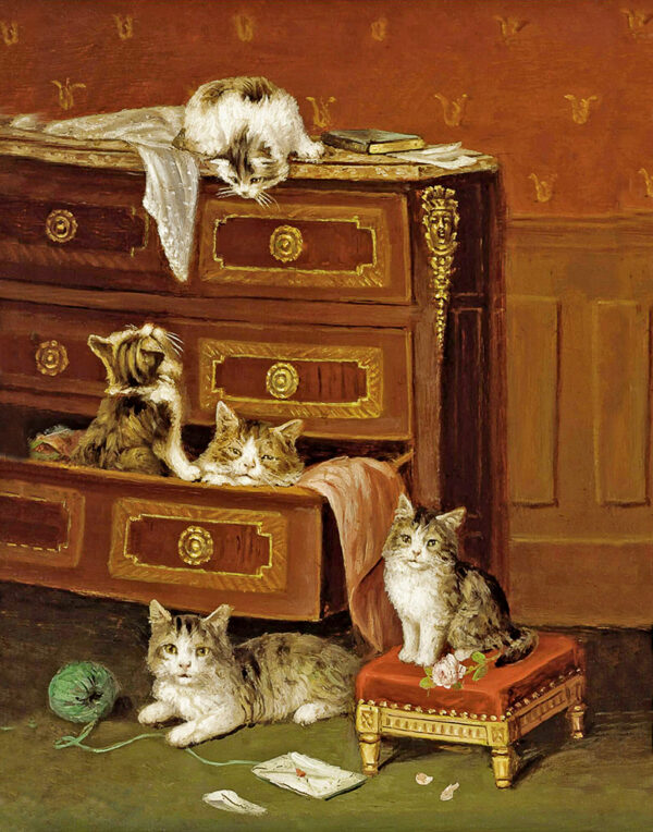 Dogs/Cats Cats Musical Kittens; A New Hiding Place by Jules Leroy Framed Oil Painting Print on Canvas
