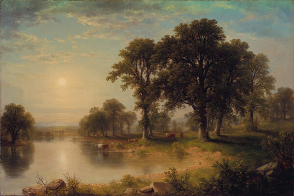 Farm/Pastoral Early American On the Banks of the River Landscape Oil Painting Print on Canvas