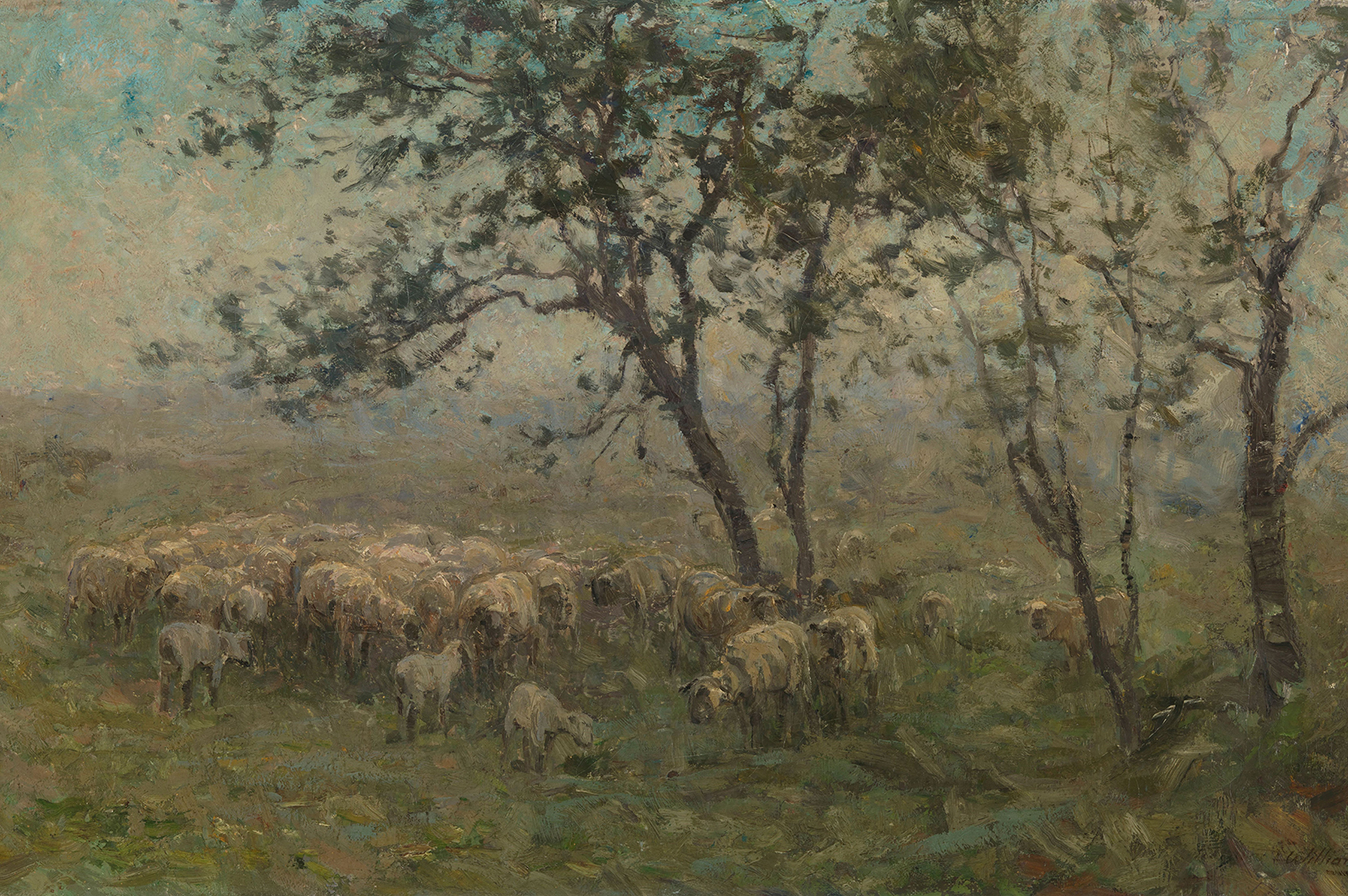 Farm/Pastoral Farm Flock of Sheep Landscape Oil Painting  ...