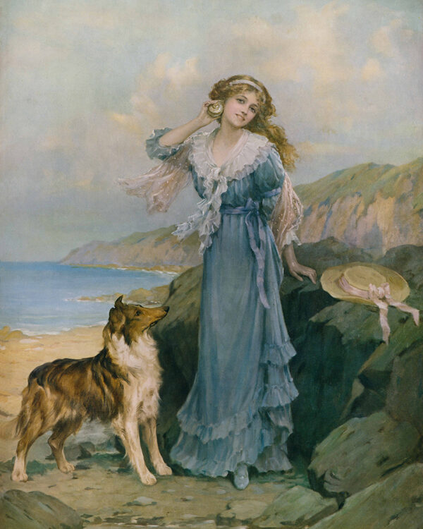 Nautical Animals By the Seaside Victorian Woman and Collie Oil Painting Print on Canvas