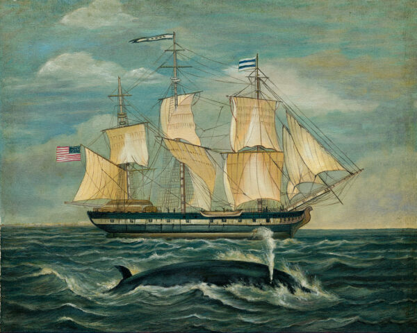 Nautical Nautical American Whaling Ship with Sperm Whale Framed Oil Painting Print on Canvas