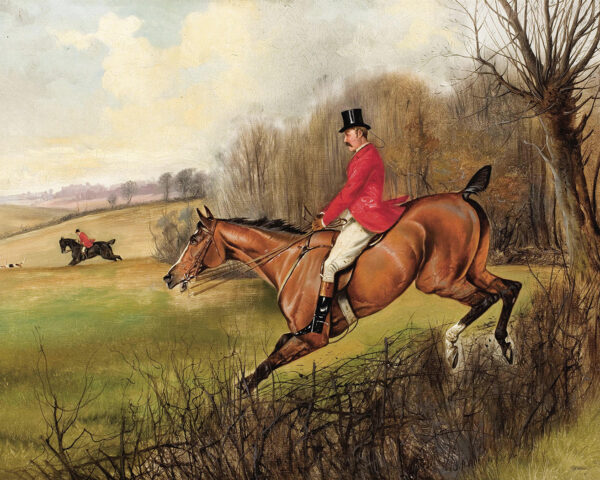 Equestrian/Fox Equestrian Over the Hedge Fox Hunt Scene Framed Oil Painting Print on Canvas