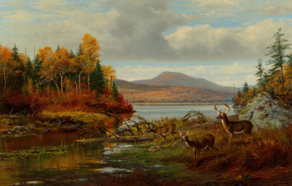 Cabin/Lodge Landscape Deer in Autumn Landscape Framed Oil Painting Print on Canvas