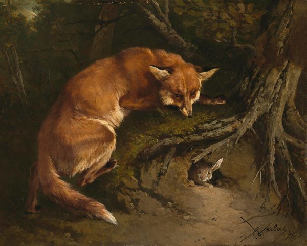 Cabin/Lodge Fox Fox on the Lurk Framed Oil Painting Print on Canvas