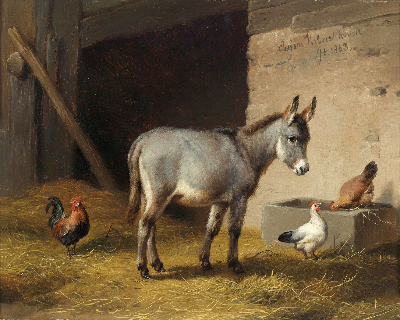 Donkey and Chickens Framed Oil Paintin ...
