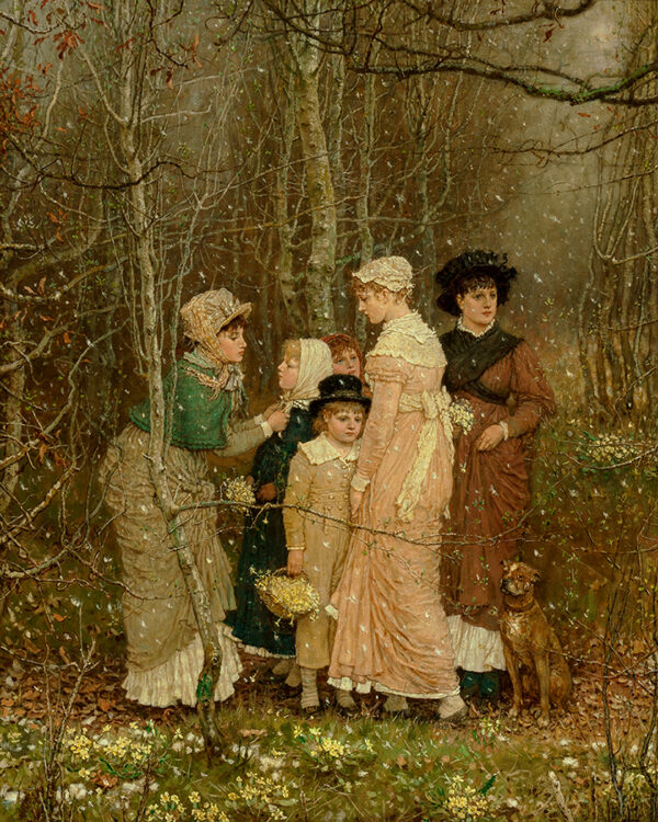 Landscape Children Springtime Snow Victorian Oil Painting Print on Canvas