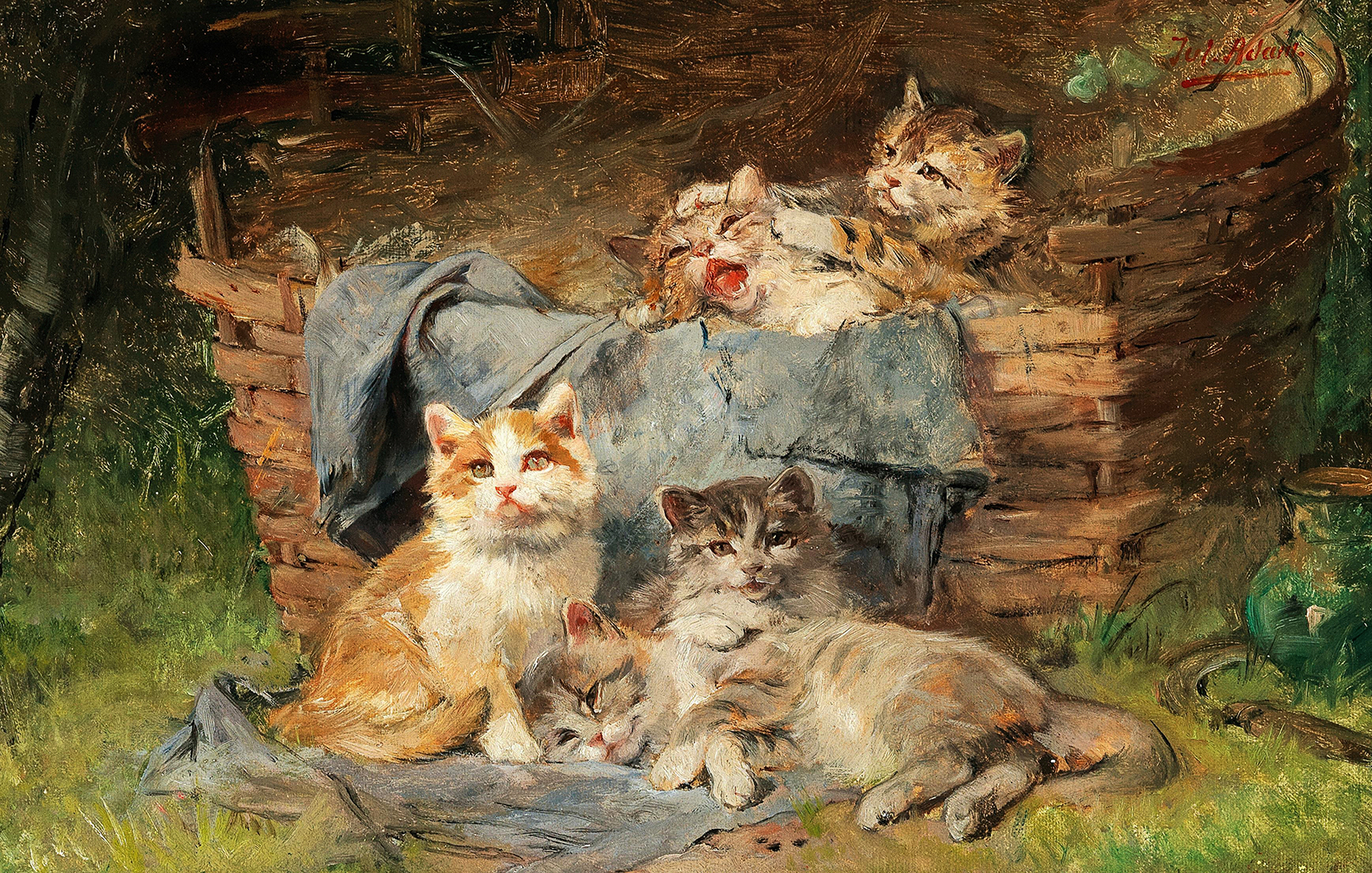 Dogs/Cats Cats Farm Cats in a Basket Framed Oil Paint ...