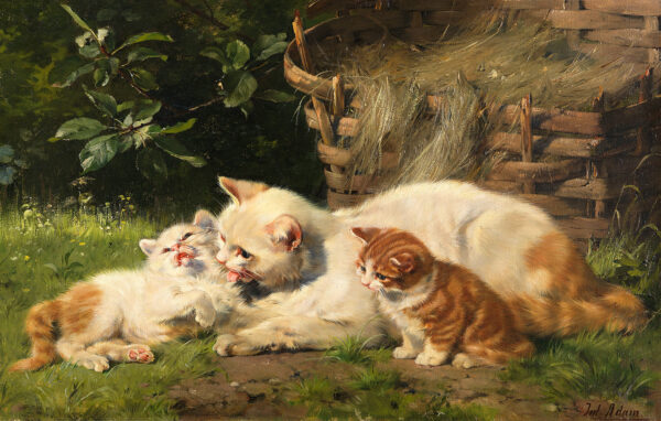 Dogs/Cats Cats Cat and Kittens Framed Oil Painting Print on Canvas