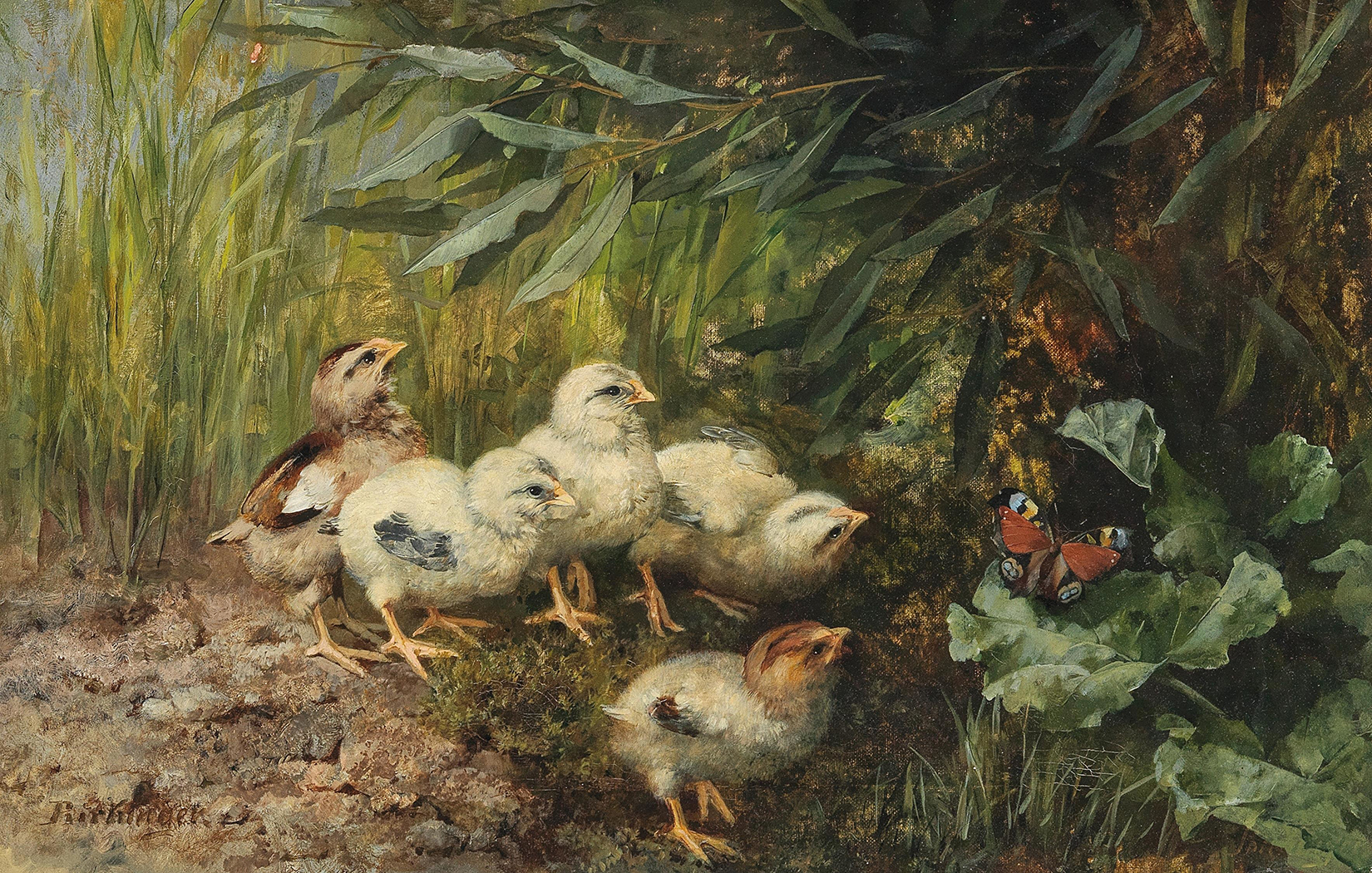 Farm/Pastoral Farm Chicks and Butterfly Framed Oil Painti ...