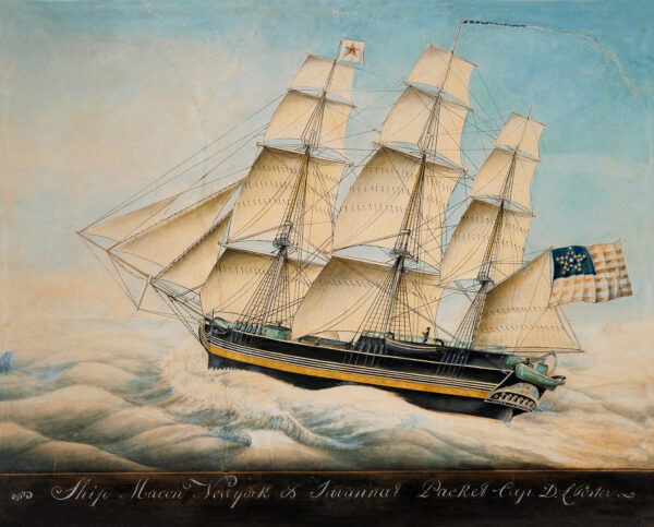 Nautical Nautical Clipper Ship “Macon” Watercolor Reproduction Print, Framed Behind Glass