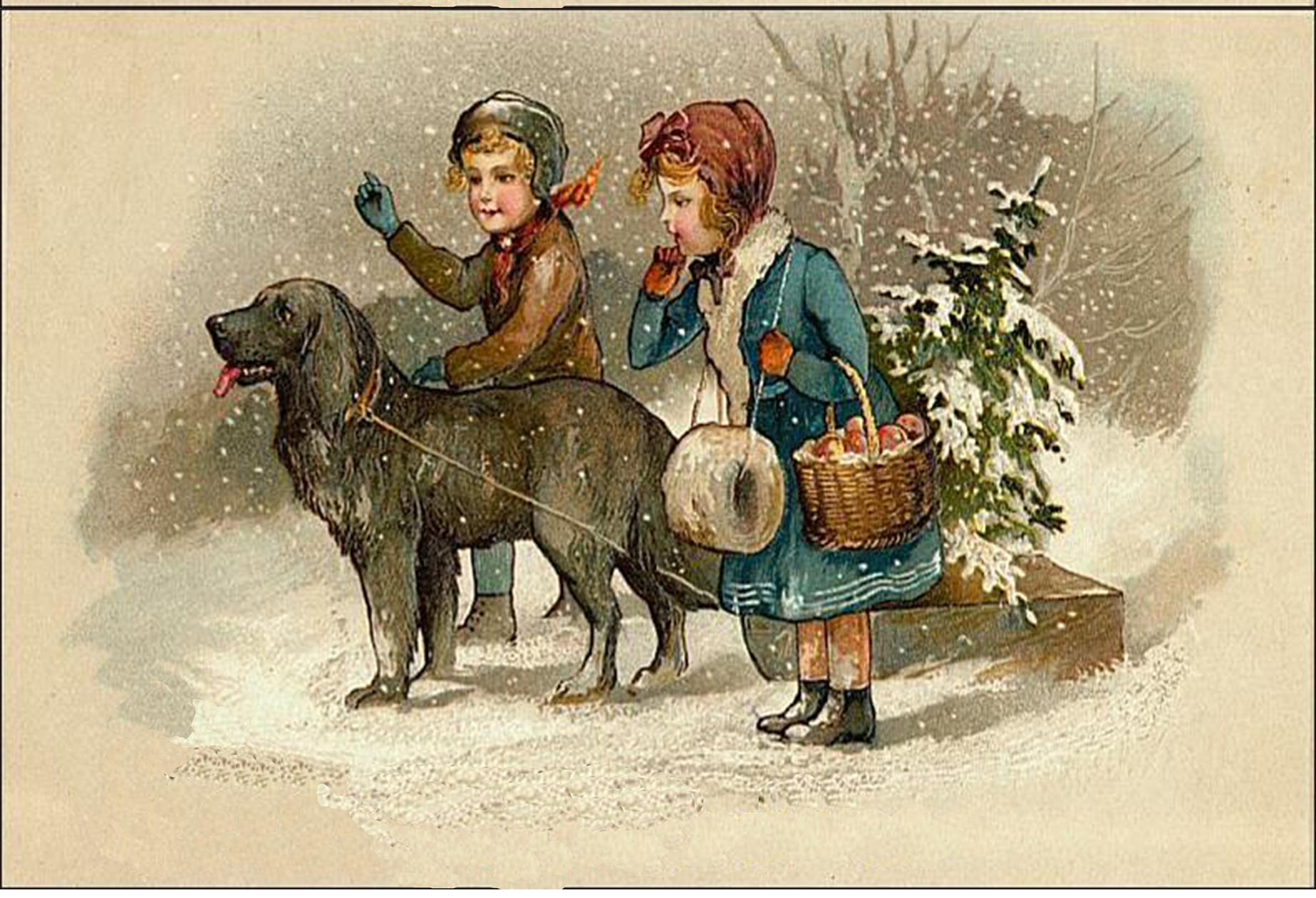 Christmas Decor Children Dog Sled Victorian Christmas Framed Oi ...