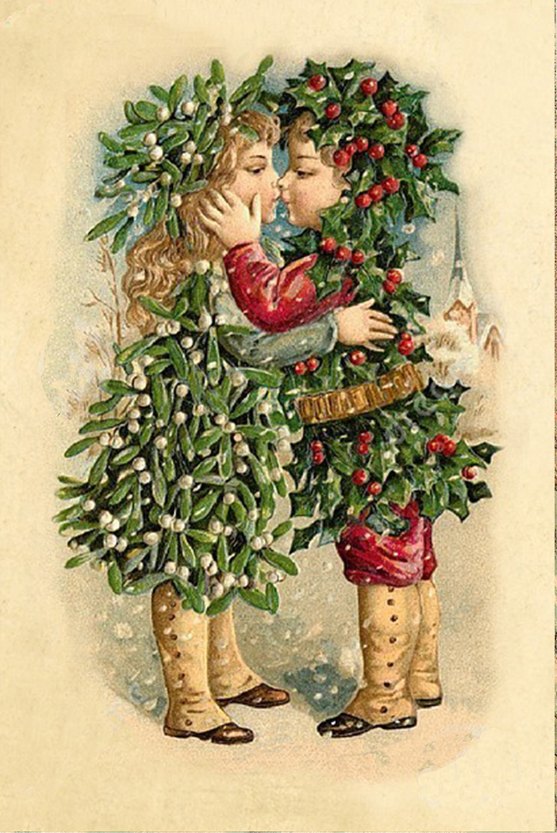 Christmas Decor Children Mistletoe and Holly Christmas Framed Painting Print on Canvas