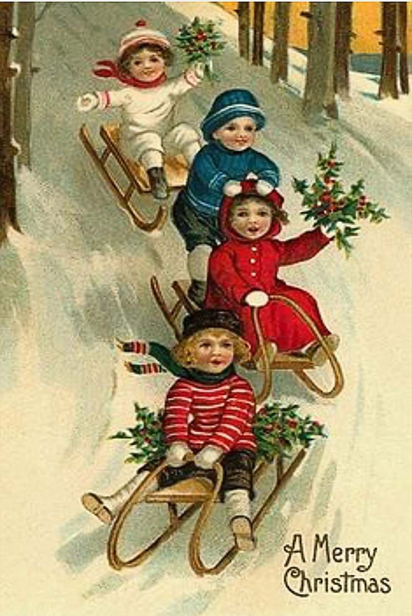 Christmas Decor Children Victorian Children Christmas Sledding Framed Postcard Print on Canvas