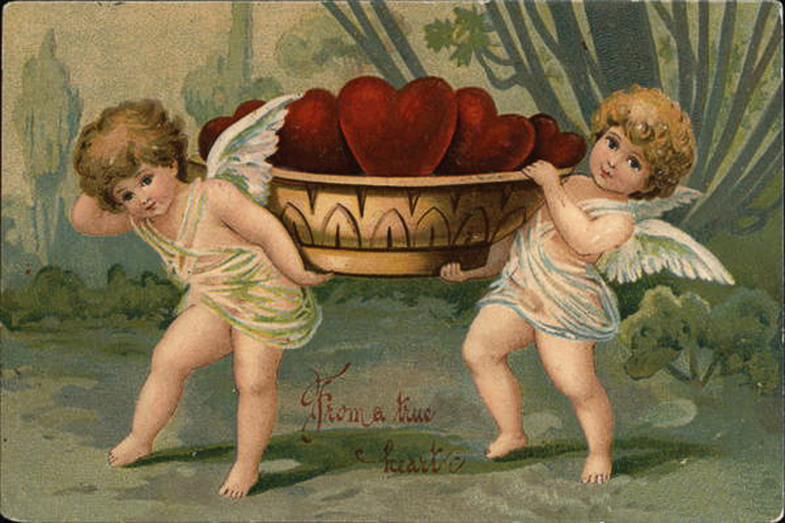 Holiday Valentines Angels with Bowl of Hearts Valentine’s Framed Victorian Postcard Print on Canvas