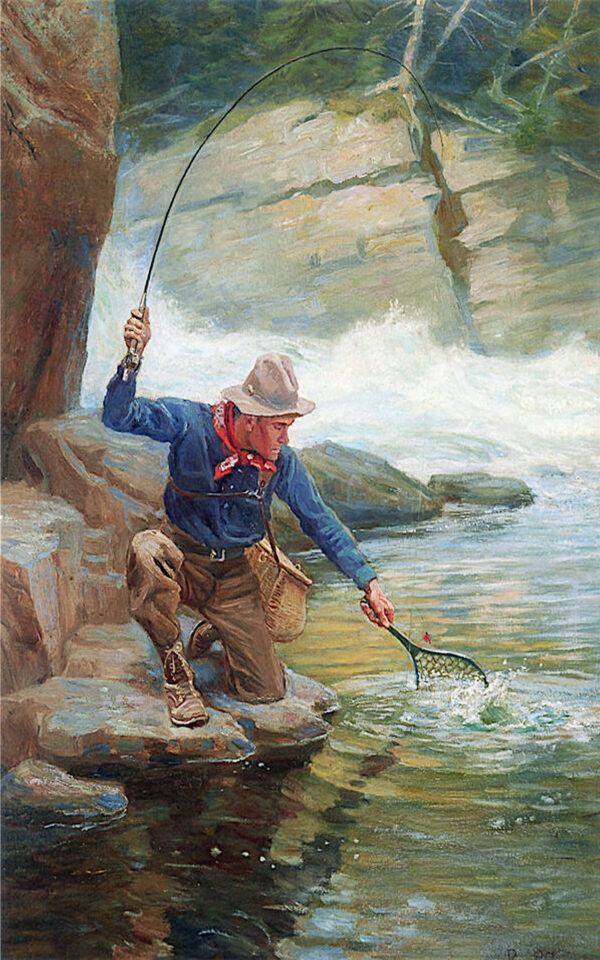 Cabin/Lodge Lodge Trout Fishing Framed Oil Painting Print on Canvas