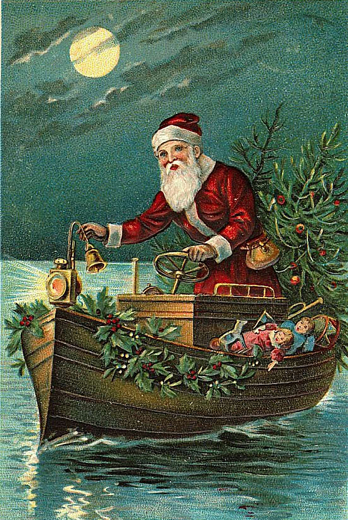 Christmas Decor Christmas Santa Delivering Toys by Boat Framed Oil Painting Print on Canvas