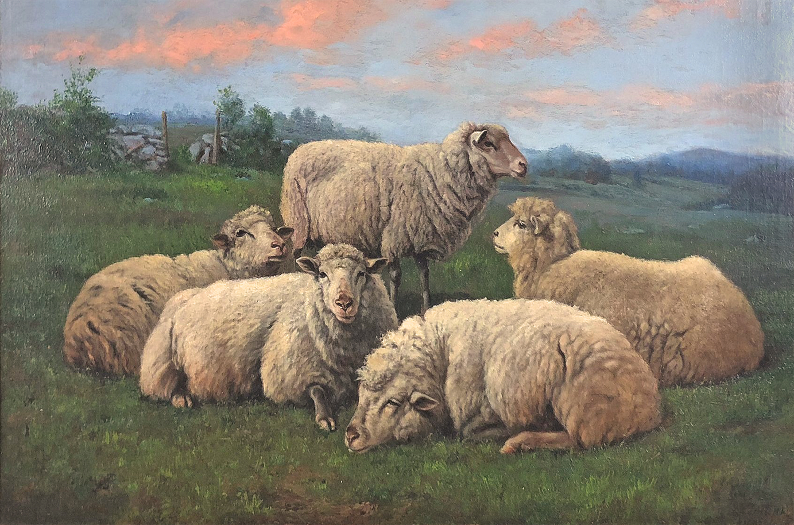 Farm/Pastoral Farm Sheep at Sunrise Framed Oil Painting Print on Canvas