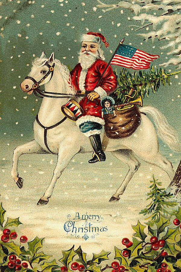 Christmas Decor Christmas Santa Claus with American Flag Victorian Print on Canvas
