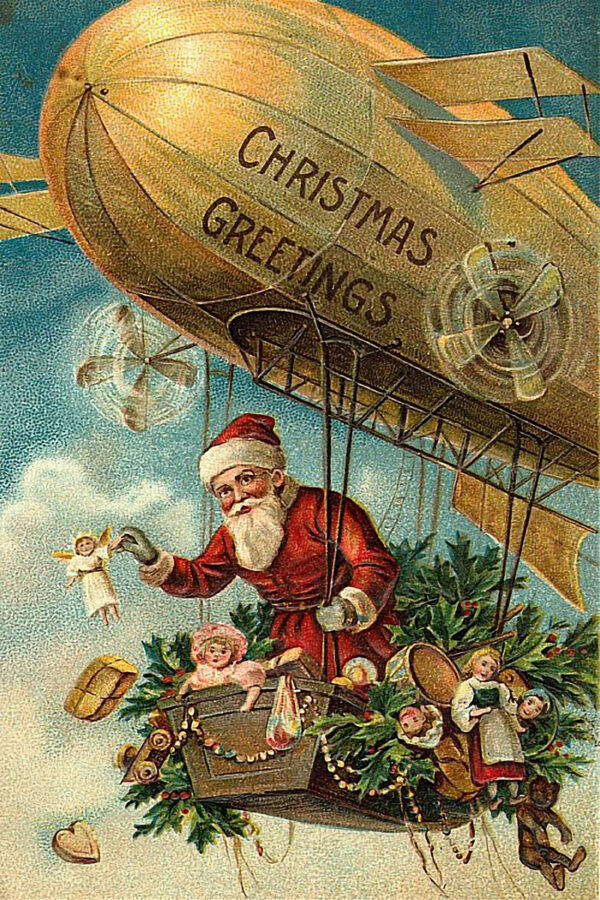 Christmas Decor Children Santa Claus in Flying Machine Framed Victorian Print on Canvas