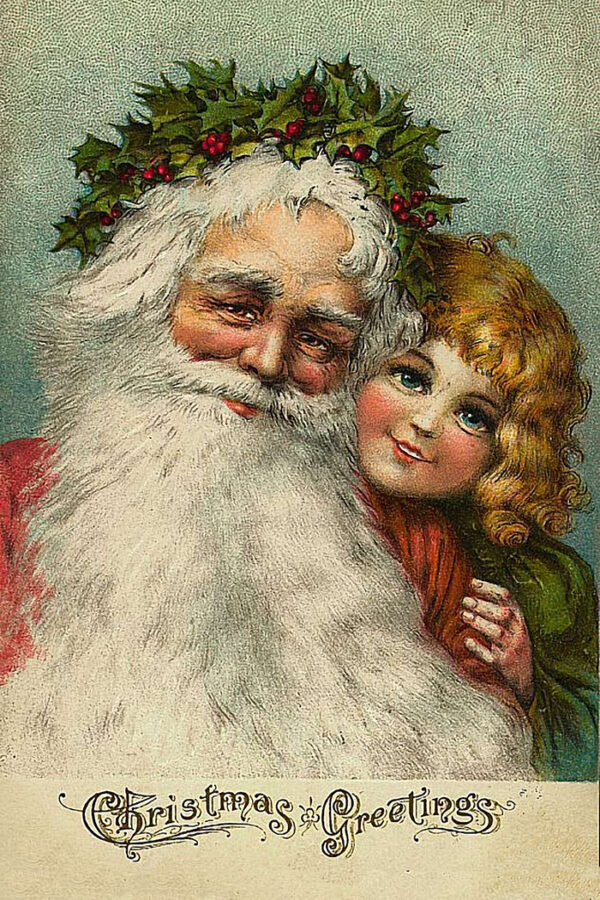 Christmas Decor Children Santa with Little Girl Framed Victorian Print on Canvas