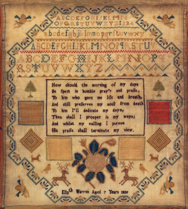 Sampler Prints Early American Elizabeth Warren c. 1815 Alphabet Needlepoint Sampler Framed PRINT