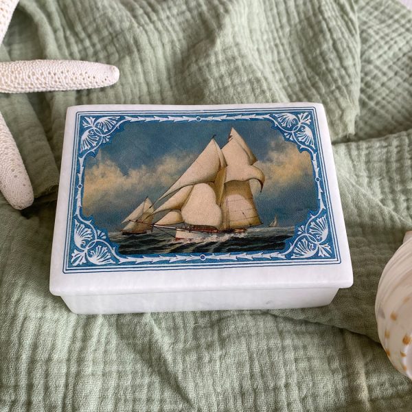 Decorative Boxes Nautical Yacht Mayflower America’s Cup White Soap Stone Decorative Box