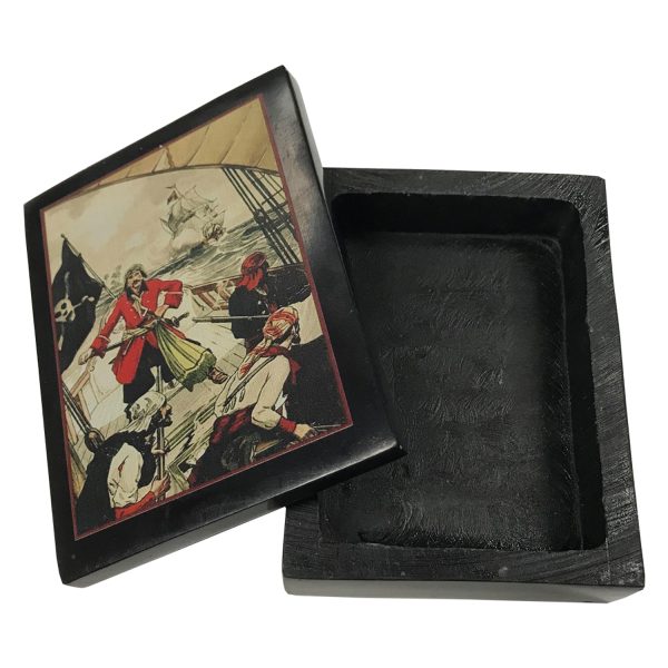 Decorative Boxes Nautical 4″ Black Soap Stone Pirate Ship’s Deck Scene Decorative Box