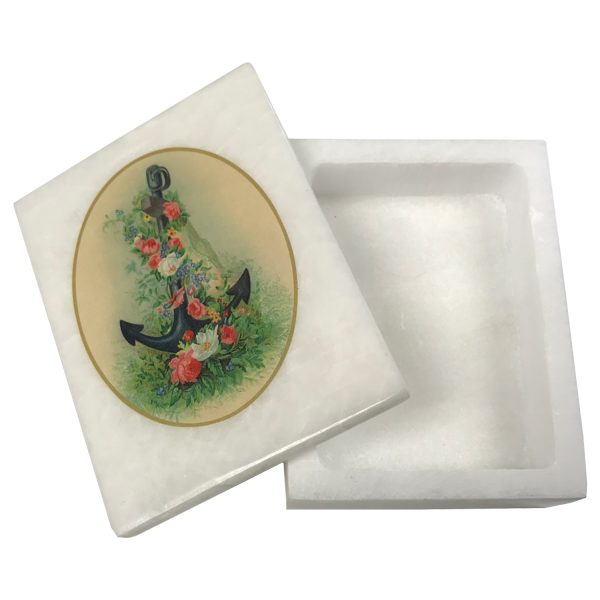 Decorative Boxes Nautical 4″ Anchor and Flower White Soap Stone Trinket-Jewelry Box