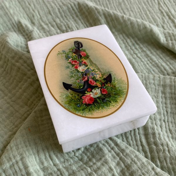 Decorative Boxes Nautical 4″ Anchor and Flower White Soap Stone Trinket-Jewelry Box