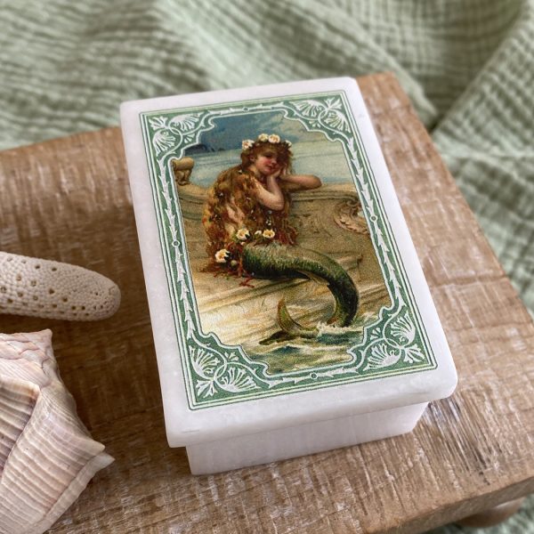 Decorative Boxes Children 3″ Mermaid Daydreaming Printed White Soap Stone Decorative Box