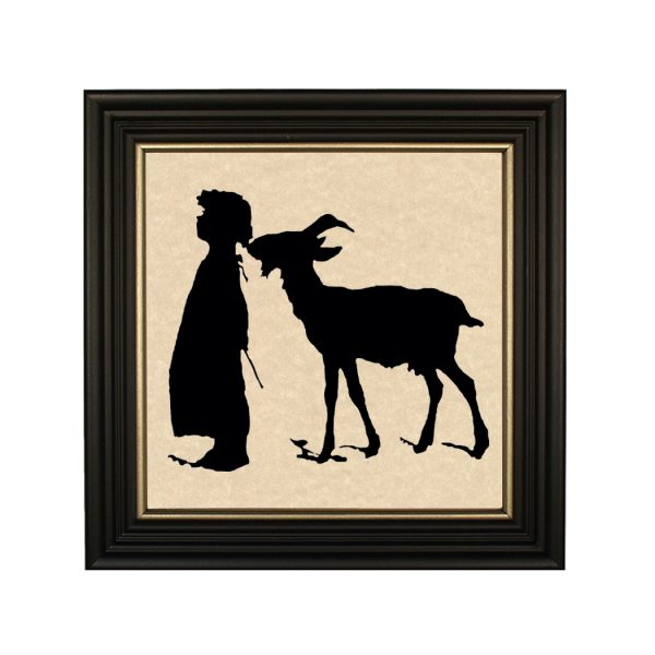 Early American Children Goat Eating Girl’s Pigtails Framed Paper Cut Silhouette